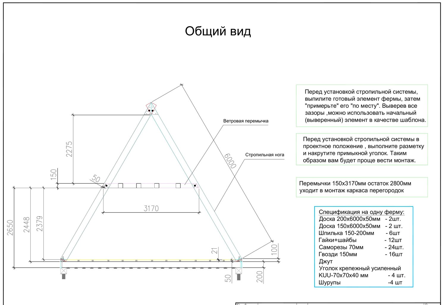Общий вид стропильной фермы A-фрейма: две ноги 200×50×6000 сведены в коньке, ветровая перемычка 3170 на высоте, спецификация на одну ферму (проект A-frame-russian, Лист 25)