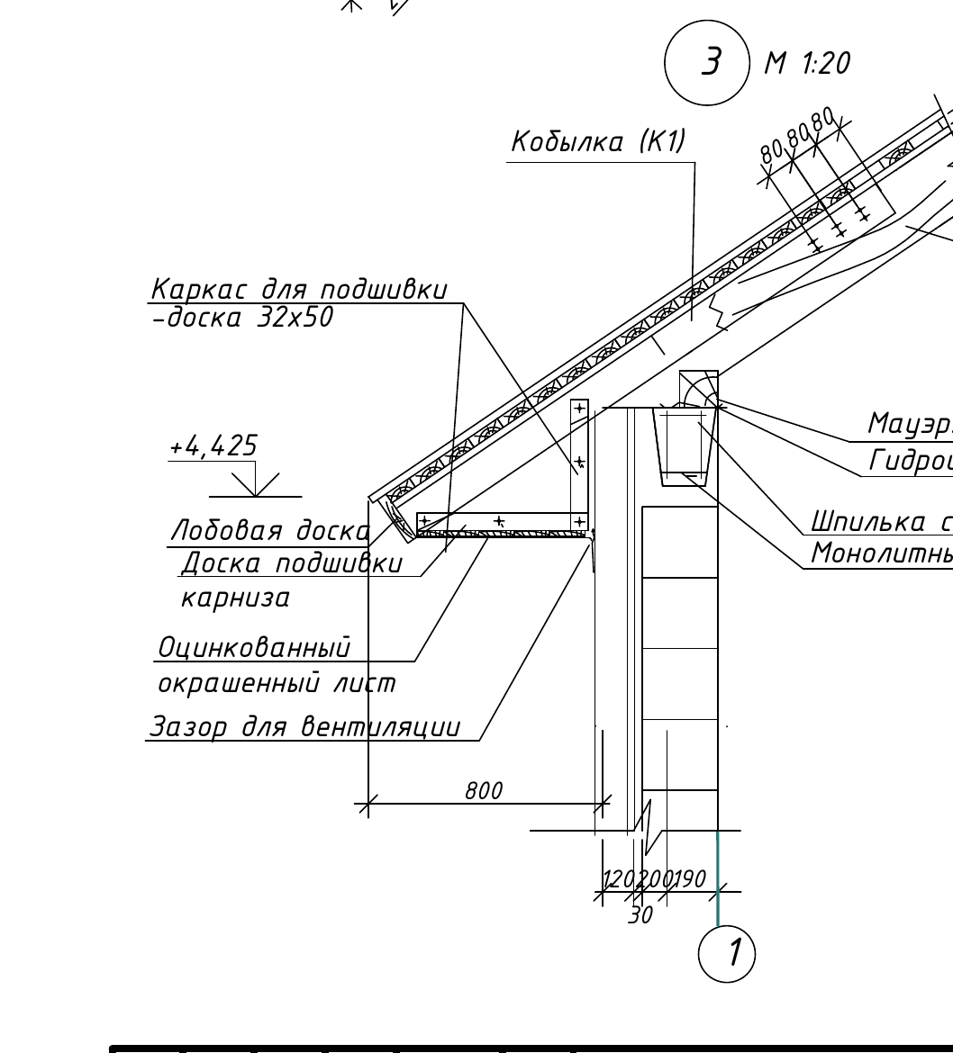 Узел 3 (карниз): стропило на мауэрлате М1 по гидроизоляции 2 слоя, анкерная шпилька шаг 500, кобылка К1, каркас подшивки доска 32×50, лобовая доска, вентзазор, свес 800 (проект, лист КР-13)