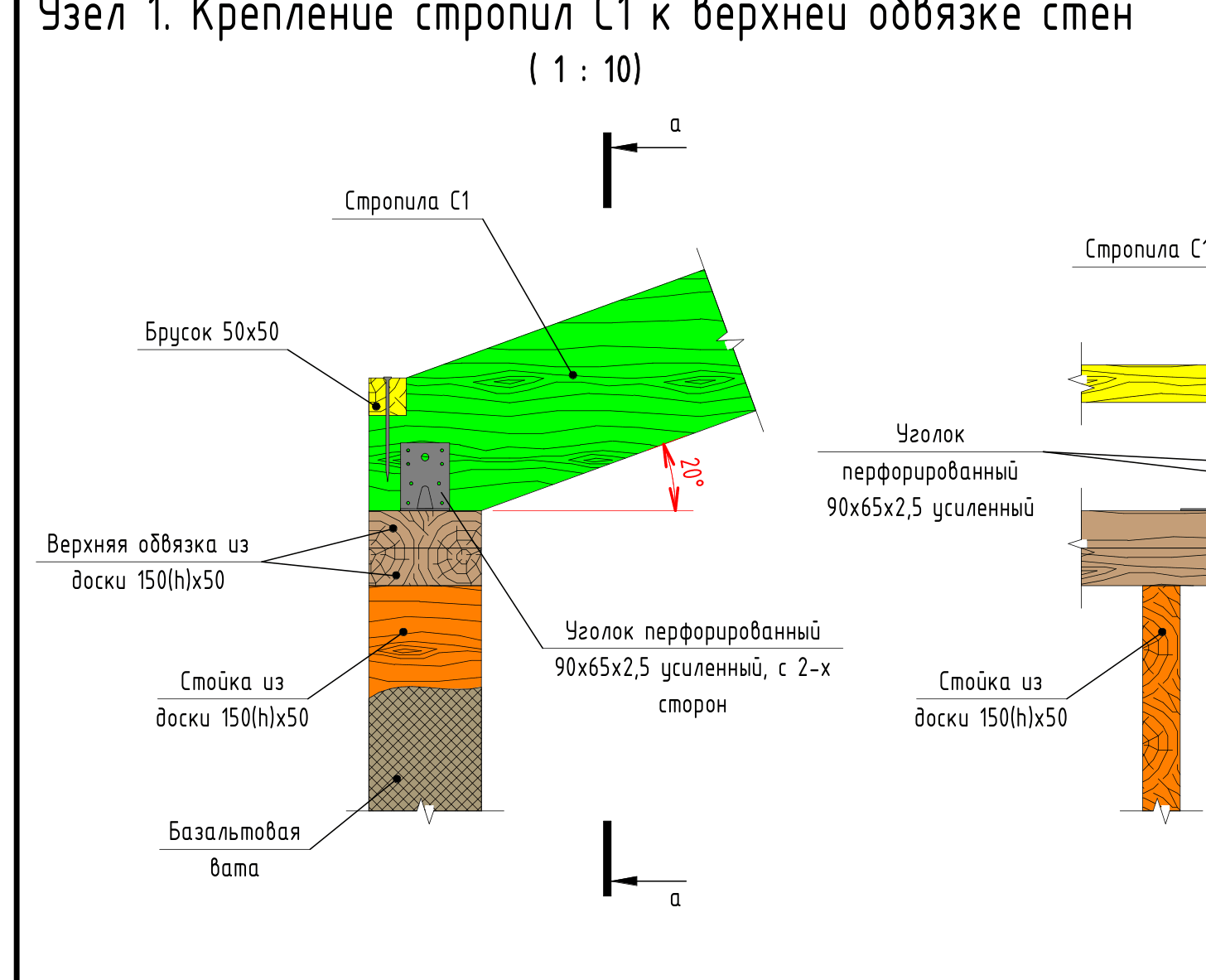 Узел 1 — крепление стропила С1 к верхней обвязке усиленным перфоуголком 90×65×2,5 с 2-х сторон, брусок 50×50, базальтовая вата (проект, лист 15)